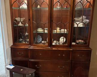 Vintage china cabinet/secretary, with variety of vintage demitasse, vintage glass/ceramic pieces, 