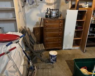 Vintage dresser, razor scooters, compressor