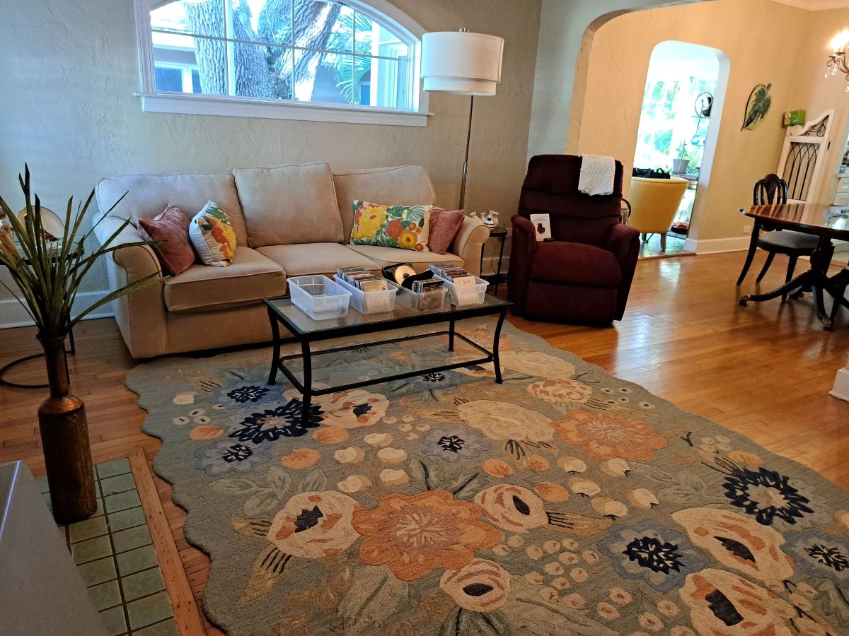 LIVING ROOM FURNITURE, LIFT CHAIR, FLOOR LAMP, AREA RUG