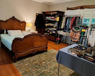 TEMPUR PEDIC BEDDING, ANTIQUE BED ANIQUE WARDROBE, MANY LADIES CLOTHES AND ACCESSORIES, COSTUME JEWELRY,  ANTIQUE BED, TEMPUR PEDIC BEDDING SYSTEM