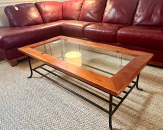 WOOD, METAL AND GLASS COFFEE TABLE