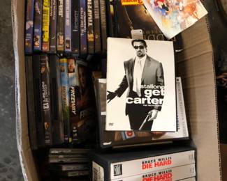 Box of Assorted DVDs, CDs & VHS Movies – Mixed Media Variety