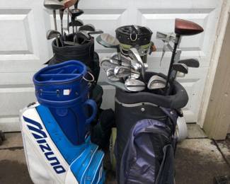 Three Golf Bags with Mixed Clubs & Pull Cart – Drivers, Irons, Putters