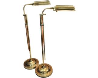 Pair of Brass Adjustable Swing‑Arm Floor Lamps with Rectangular Shades