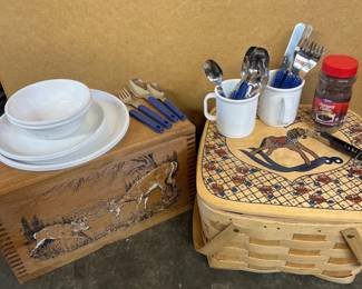 Vintage Picnic Basket & Carved Wood Box with Dish Set