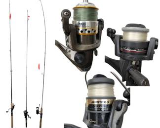 Three Fishing Rods with Pesca 2000, Shakespeare 41/35 & JupiterX Reels