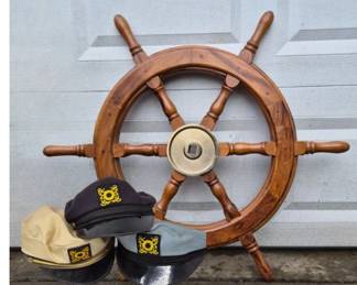 Wood Ship’s Wheel with Three Captain’s Hats – Nautical Décor