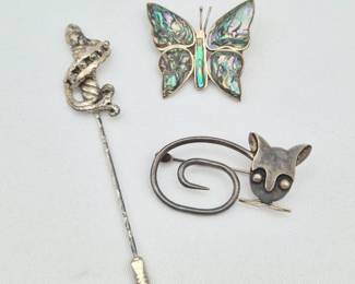Mexico Sterling Cat Brooch, Abalone Butterfly Brooch & Sword Stick Pin