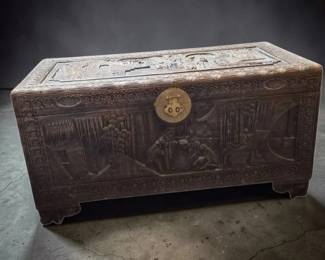 Hand‑Carved Chinese Wooden Chest–Scenic Panels, Brass Hardware, #401