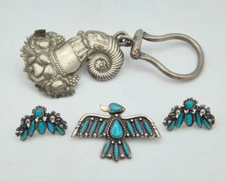 Zuni Turquoise Sterling Thunderbird Pin, Earrings & Waist Clip