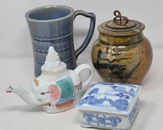 Eclectic Pottery Mix: Honey Pot, Stein, Trinket Box & Elephant Teapot