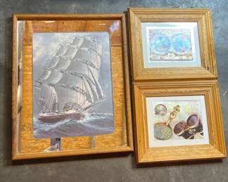 78 1970sIridescentWallArtTrioMapsSailboatwithMirroredFrame1970s Iridescent Wall Art Trio – Maps & Sailboat with Mirrored Frame