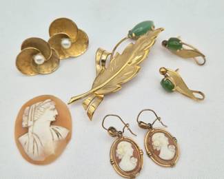 Nephrite Pin & Earrings, 12KGF Pearl Earrings, Shell & Resin Cameos