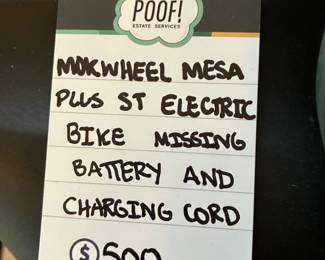 Mokwheel Mesa Plus St Electric Bike Missing Battery and Charging Cord