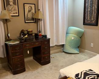 Antique wood desk. King size mattress pad.