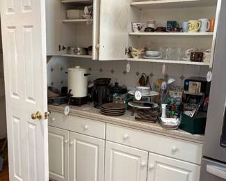 Triple warming station (crock pot type) great for a dinner party! Coffee maker, bakeware, baking pans, plates, two tier plate rack, Italian plates, glass clear plates, Starbucks mugs, etc