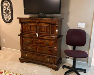 Solid wood chest. Working TV. Office chair.