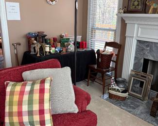 Ethan Allen sofa. Floor lamp. Antique cane bottom chair