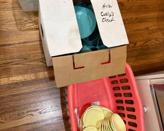 Vintage 1950’s melmac turquoise and yellow. Clear glass plates. 