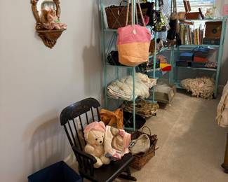 Dolls, Beanie Babies, plush toys, learning games, kids' books, child’s rocker, gold shelf mirror, crochet, quilts, etc.