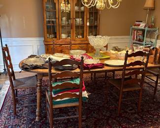 Dining table with leaves and 6 rush seat ladder back chairs