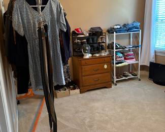 Solid wood chest, hats, clothes, shoes, purses, misc.