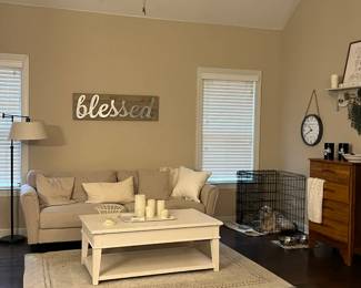 Modern farmhouse decor. Sofa, coffee table, rugs.