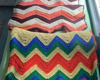 Vtg Hand-Crocheted Afghan Blankets