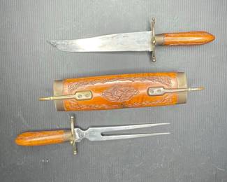 Vintage Carving Knife and Fork Set with Ornate Wooden Case