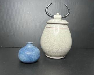 Grove Pottery Blue Speckled Vase and Large Crackle Glaze Jar with Horns by Rob Wiedmaier