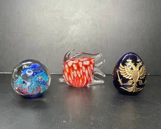 Glass Paperweight with Controlled Bubbles, Murano Style Fish, and Imperial Egg Replica