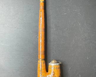 Carved Wooden Pipe with Metal Lid and Inlay