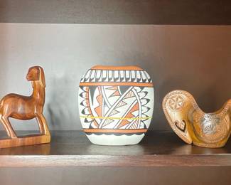 Jemez Pueblo Style Ceramic Vase and Carved Wooden Figures