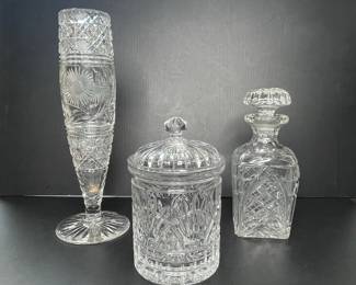 Cut Crystal Biscuit Jar, Decanter, and Vase Vtg