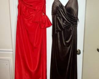 Adrianna Papell Collection Brown Velvet Gown and Damson Red Strapless Dress
