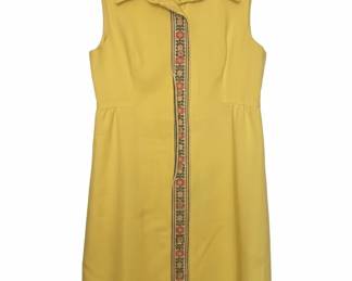 Vtg Portfolio Yellow Sleeveless Dress with Embroidered Trim