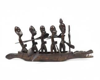 African Pirogue Sculpture with Figures and Crocodile