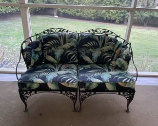 Vintage Woodard Style Scroll Wrought Iron Patio Loveseat with Tropical Cushions