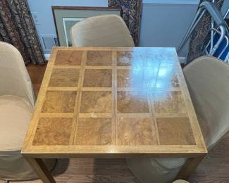 Mid-Century Modern Burl Wood Game Table and Skirted Swivel Chairs