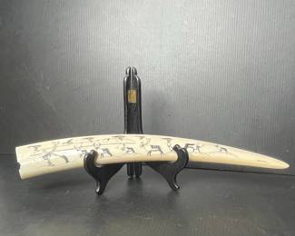 Carved Walrus Tusk with Animal Scene by B. Sockpick