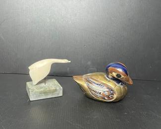 Vintage Brass and Enamel Duck Figurine with Alabaster-Style Goose Figurine on Marble Base