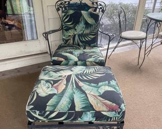 Vintage Wrought Iron Armchair and Ottoman Set with Tropical Leaf Print Cushions