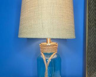 Blue Glass Bottle Table Lamp with Rope Accent and Burlap Shade