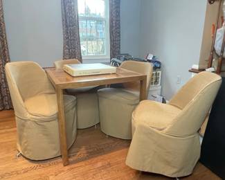 Mid-Century Modern Burl Wood Game Table and Skirted Swivel Chairs