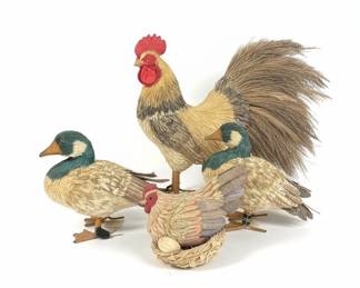 Decorative Straw-Filled Rooster, Ducks, and Hen with Nest