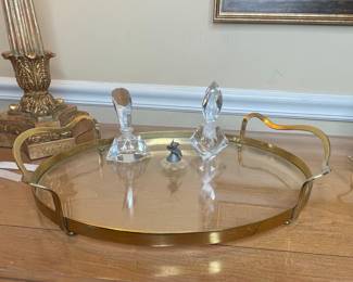 Vintage Brass and Glass Oval Tray with Crystal Perfume Bottles
