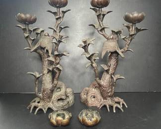 Pair of Bronze Candlesticks with Birds and Lotus Flowers, Asian Origin