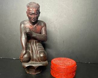 Carved Wooden Monk Figure and Red Lacquer Box