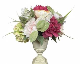 Faux Floral Arrangement in Distressed Urn Planter with Peonies and Hydrangeas