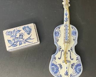 Delft Blue Hand-Painted Ceramic Violin and Trinket Box Set